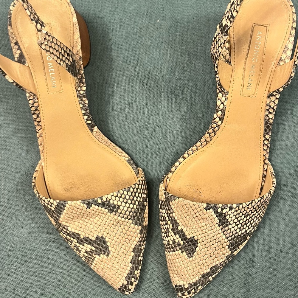ANTONIO MELANI Tan and Black Snake Print Heels